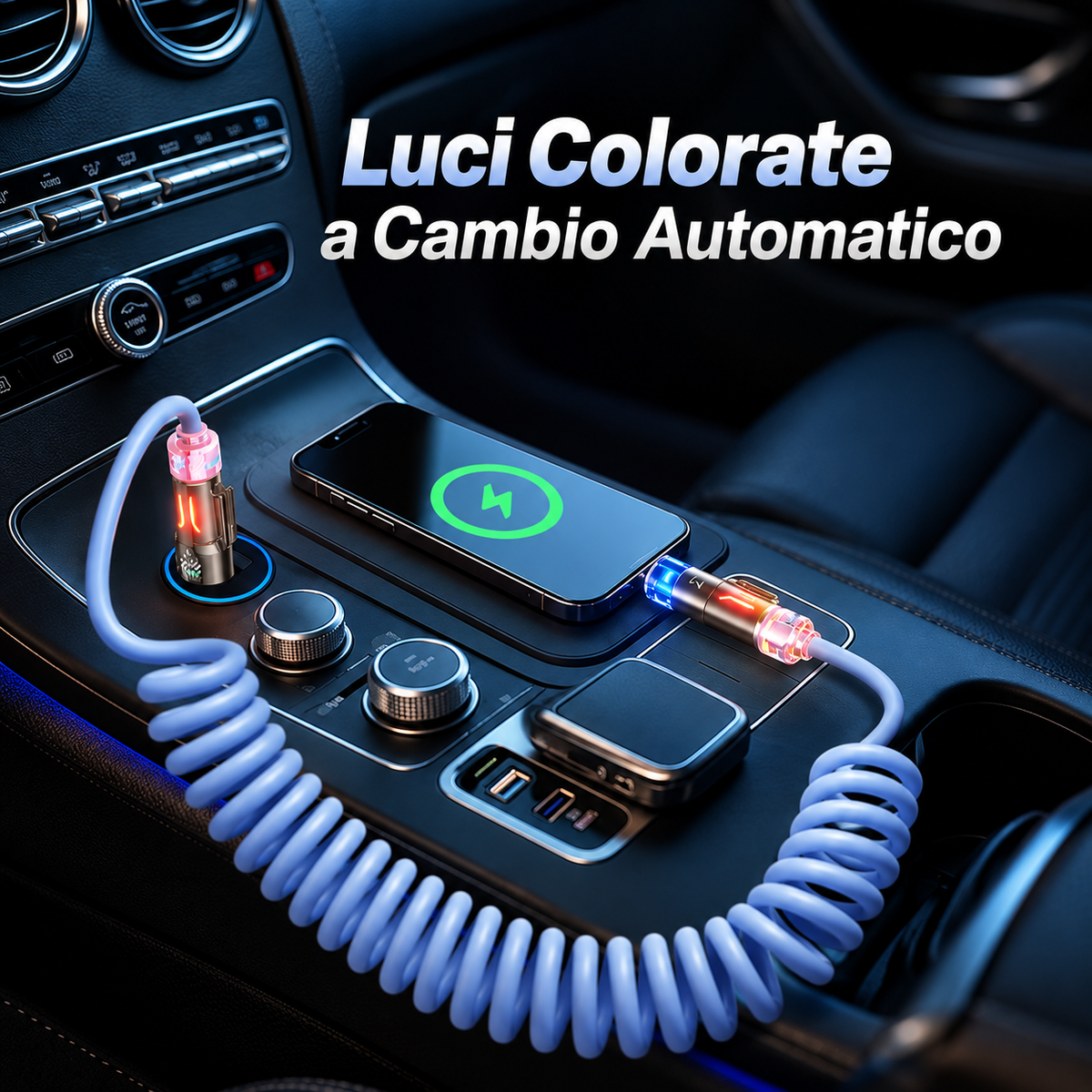 Cavo Ricarica Rapida 4 in 1 fino a 240W con Profumazione Integrata, Spirale Estensibile per Auto, Compatibile con CarPlay e Trasferimento Dati, USB-A/USB-C a Type-C/Lightning – BS240W