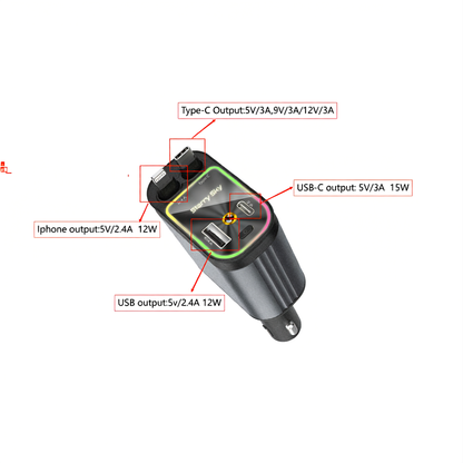 Caricatore Auto 120W con Proiezione Cielo Stellato｜2 cavi integrati (Lightning + Type-C) + 2 porte (USB-A + USB-C)｜Ricarica fino a 4 dispositivi - B1
