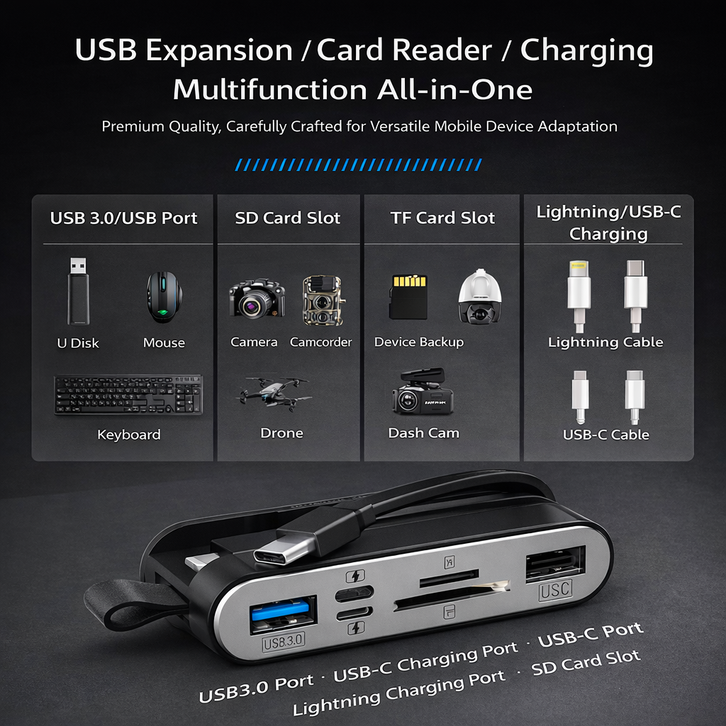 Hub 6 Porte 3-in-1 ad Alta Velocità con Lettore SD/TF + Doppia Ricarica – Compatibile con Smartphone e Computer - NK-1058