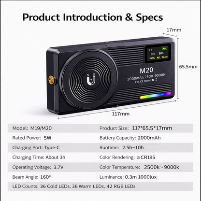 Luce LED Tascabile Magnetica RGB Display OLED | Luce per Video e Live Streaming |2500–9000K | 22 Effetti FX | Batteria 2000mAh - M20