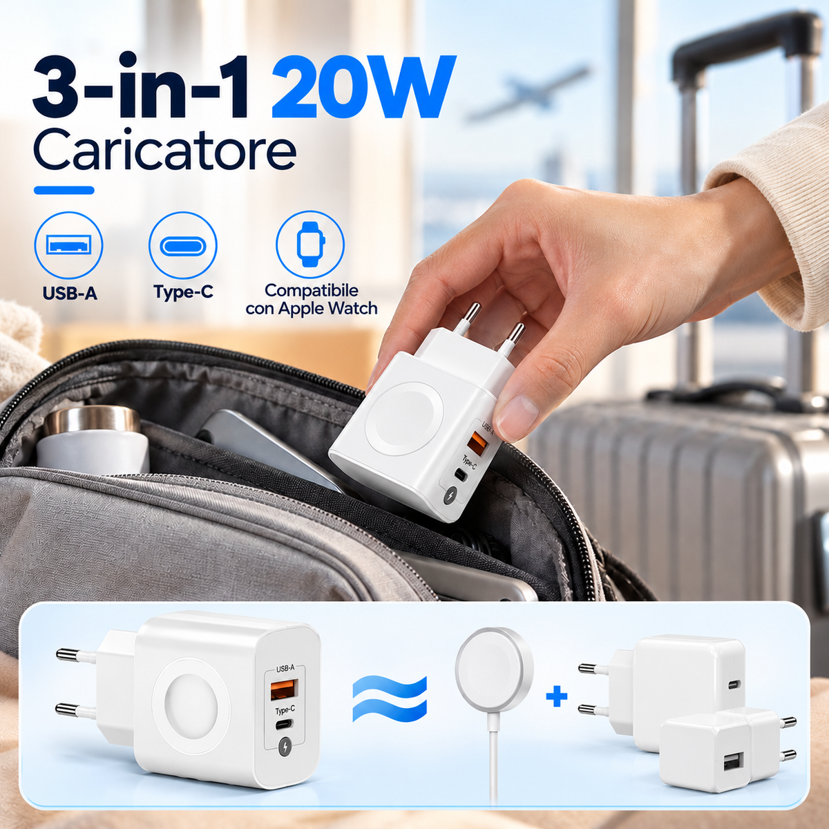 Caricatore Rapido 3 in 1 da 20W con Ricarica Wireless Magnetica 3W per Apple Watch, Alimentatore PD con Porte USB-C e USB-A, per Smartphone e Smartwatch-CA-23W