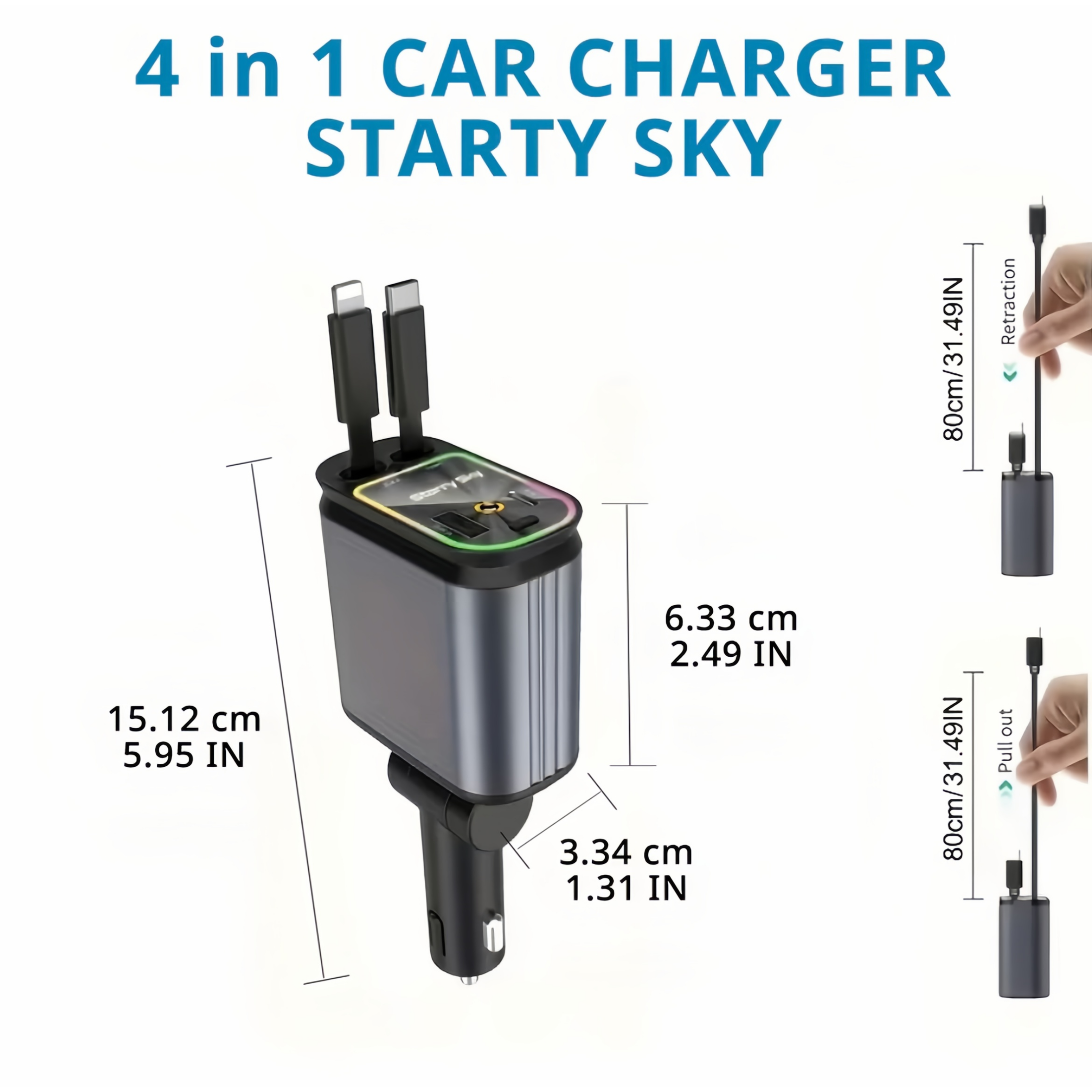 Caricatore Auto 120W con Proiezione Cielo Stellato｜2 cavi integrati (Lightning + Type-C) + 2 porte (USB-A + USB-C)｜Ricarica fino a 4 dispositivi - B1