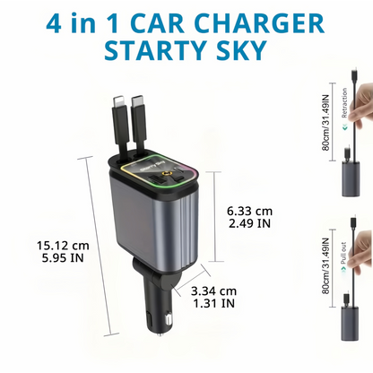 Caricatore Auto 120W con Proiezione Cielo Stellato｜2 cavi integrati (Lightning + Type-C) + 2 porte (USB-A + USB-C)｜Ricarica fino a 4 dispositivi - B1