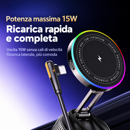 Supporto Magnetico per Smartphone K13 con Ricarica Wireless 15W e Luce RGB – Ventosa a Vuoto, Rotazione 360°, Braccio Pieghevole Regolabile, Base con Blocco a Rotazione per Auto, Scrivania e Casa-K13