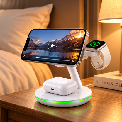 SiiPRO Caricatore Wireless Magnetico 3 in 1 da 15W con Luce LED, Stazione di Ricarica per Smartphone, Smartwatch e Auricolari, Supporto da Scrivania – SW-41