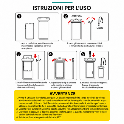 Custodia Impermeabile Galleggiante per Smartphone con Doppio Airbag, IPX8 fino a 30 Metri, Compatibile fino a 7,2 Pollici, TPU Touch ad Alta Sensibilità, per Nuoto, Immersioni e Terme, con Cordino Girevole-J009-2
