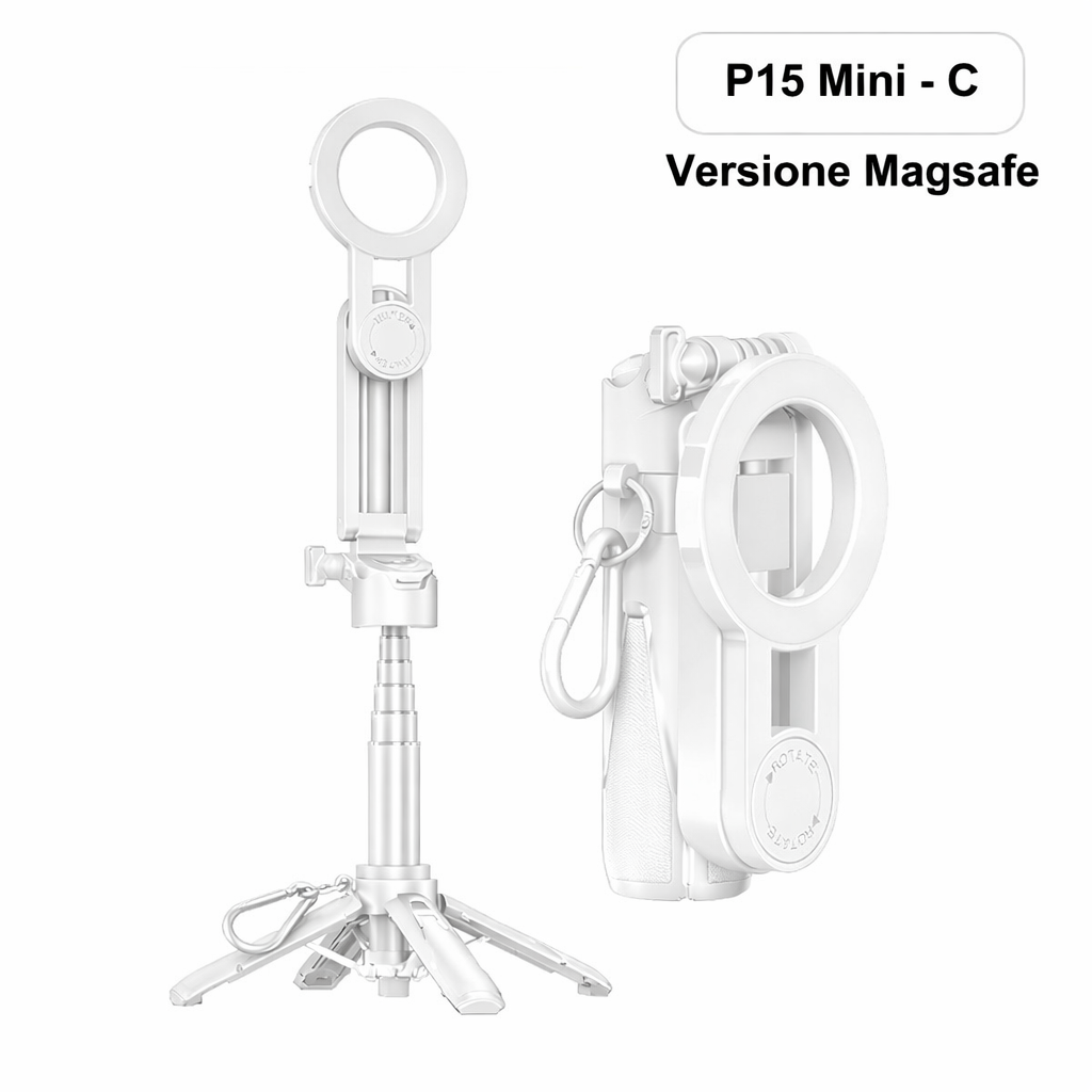 Mini Treppiede Selfie Stick Bluetooth Pieghevole｜Design leggero · Riprese multi-scenario · Telecomando wireless｜Leggero e pratico · Scatta in libertà｜Versione MagSafe disponibile – P15 MINI