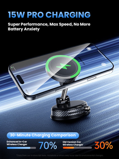 Supporto Magnetico Auto con Ricarica Wireless 15W – Rotazione 180°, Super Magneti N52, Fissaggio a Vuoto - A14