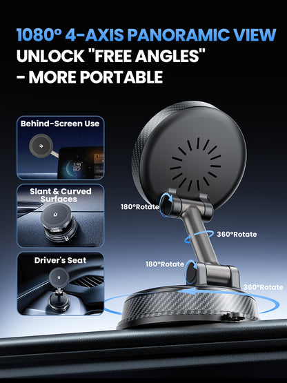 Supporto Magnetico Auto con Ricarica Wireless 15W – Rotazione 180°, Super Magneti N52, Fissaggio a Vuoto - A14