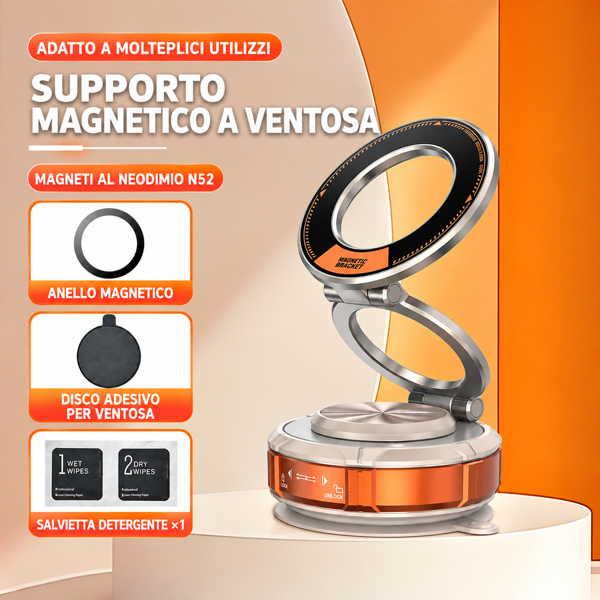 Supporto Magnetico per Smartphone N52 con Ventosa – Pieghevole, Rotazione 360°, Regolazione Multi-Angolo per Auto, Casa e Ufficio - SD07