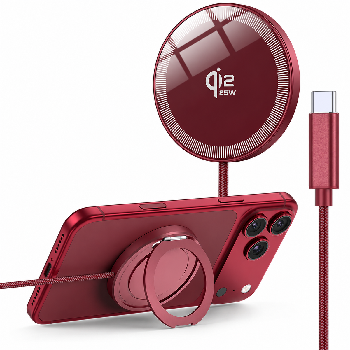 Caricatore Wireless Magnetico Qi2 25W, Ricarica Rapida, Supporto Pieghevole con Anello, Design Ultrasottile 7 mm, Cavo USB-C -Qi2-25W