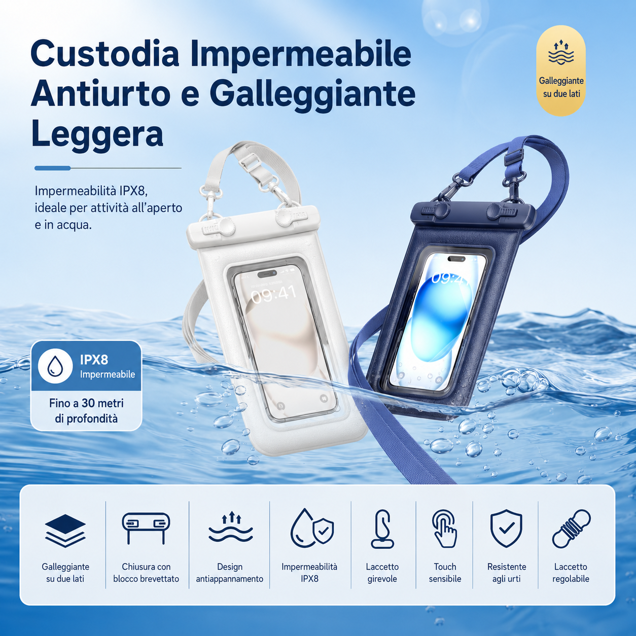 Custodia Galleggiante Impermeabile IPX8 per Smartphone con Chiusura Brevettata, Certificazione SGS, Touch Screen, Tracolla Regolabile e Colori Multipli – Compatibile fino a 7,2 Pollici-J010-2