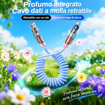 Cavo Ricarica Rapida 4 in 1 fino a 240W con Profumazione Integrata, Spirale Estensibile per Auto, Compatibile con CarPlay e Trasferimento Dati, USB-A/USB-C a Type-C/Lightning – BS240W
