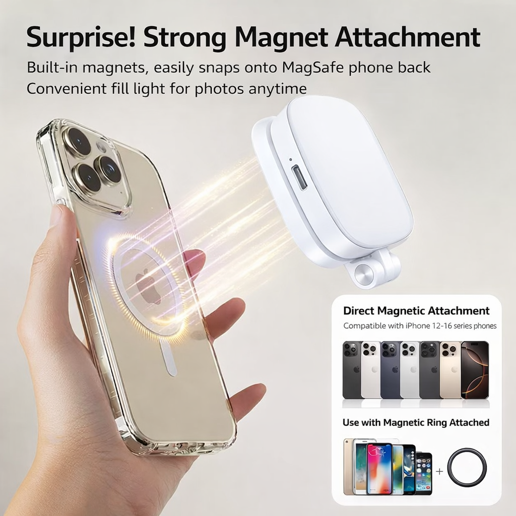 Luce Selfie Magnetica Regolabile per Smartphone – con specchio - Rotazione 360°, Inclinazione 270° - Compatibile MagSafe - JQ-01