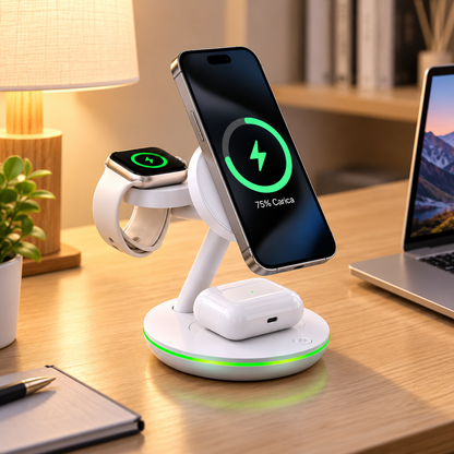 SiiPRO Caricatore Wireless Magnetico 3 in 1 da 15W con Luce LED, Stazione di Ricarica per Smartphone, Smartwatch e Auricolari, Supporto da Scrivania – SW-41
