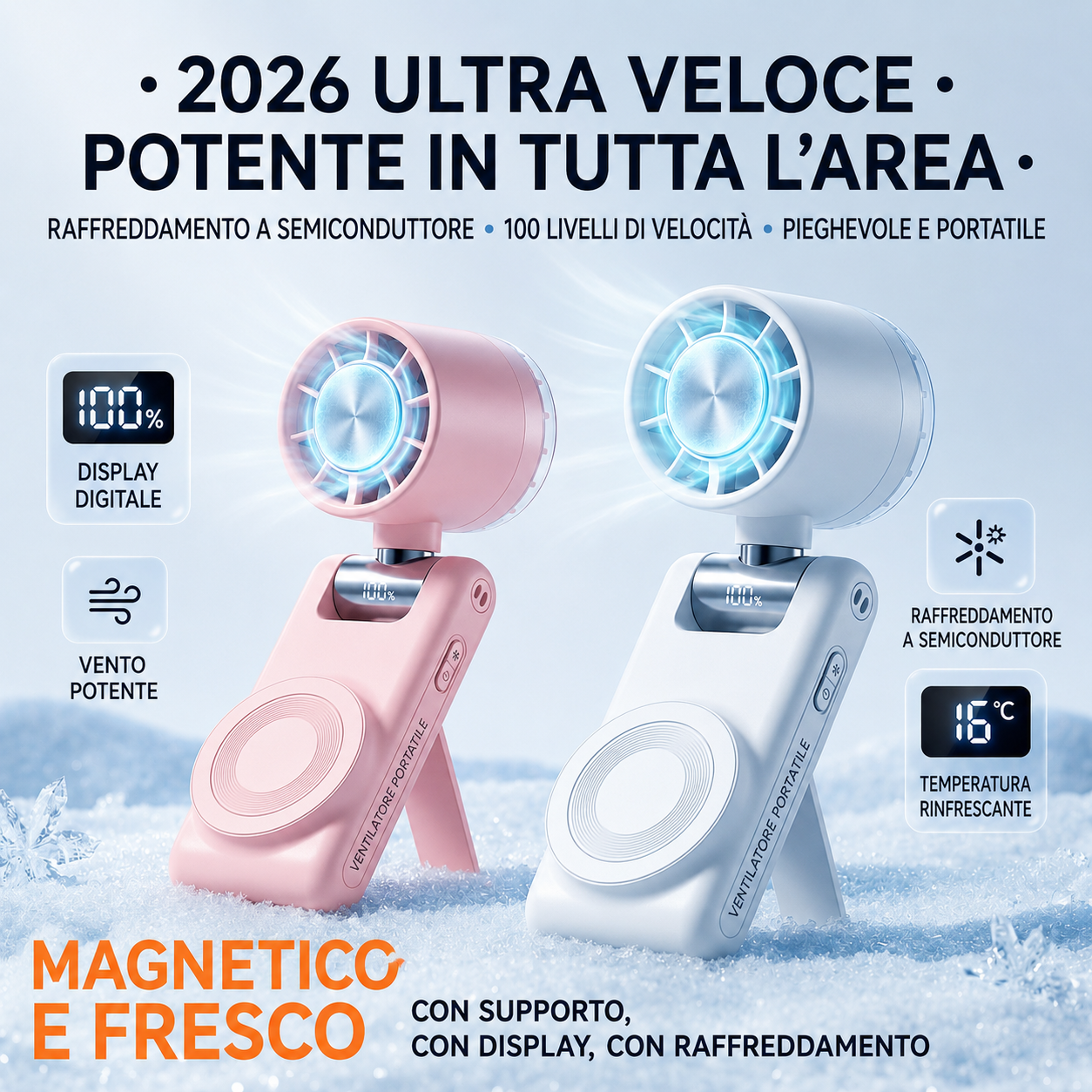 Ventilatore Portatile USB con sistema di Raffreddamento a Semiconduttore | Magnetico con Supporto Pieghevole 180° | Mini Ventilatore Ricaricabile 3600mAh | 100 Livelli di Velocità | Display Digitale -GT22