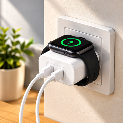Caricatore Rapido 3 in 1 da 20W con Ricarica Wireless Magnetica 3W per Apple Watch, Alimentatore PD con Porte USB-C e USB-A, per Smartphone e Smartwatch-CA-23W