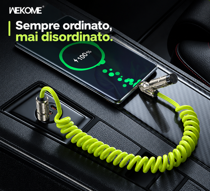 Cavo di Ricarica Rapida per Auto 4 in 1, 240W, Compatibile con CarPlay, Spirale Estensibile fino a 1,8 m, Connettori USB, Type-C e Lightning, per Smartphone e Tablet, Design Antigroviglio – WDC-80