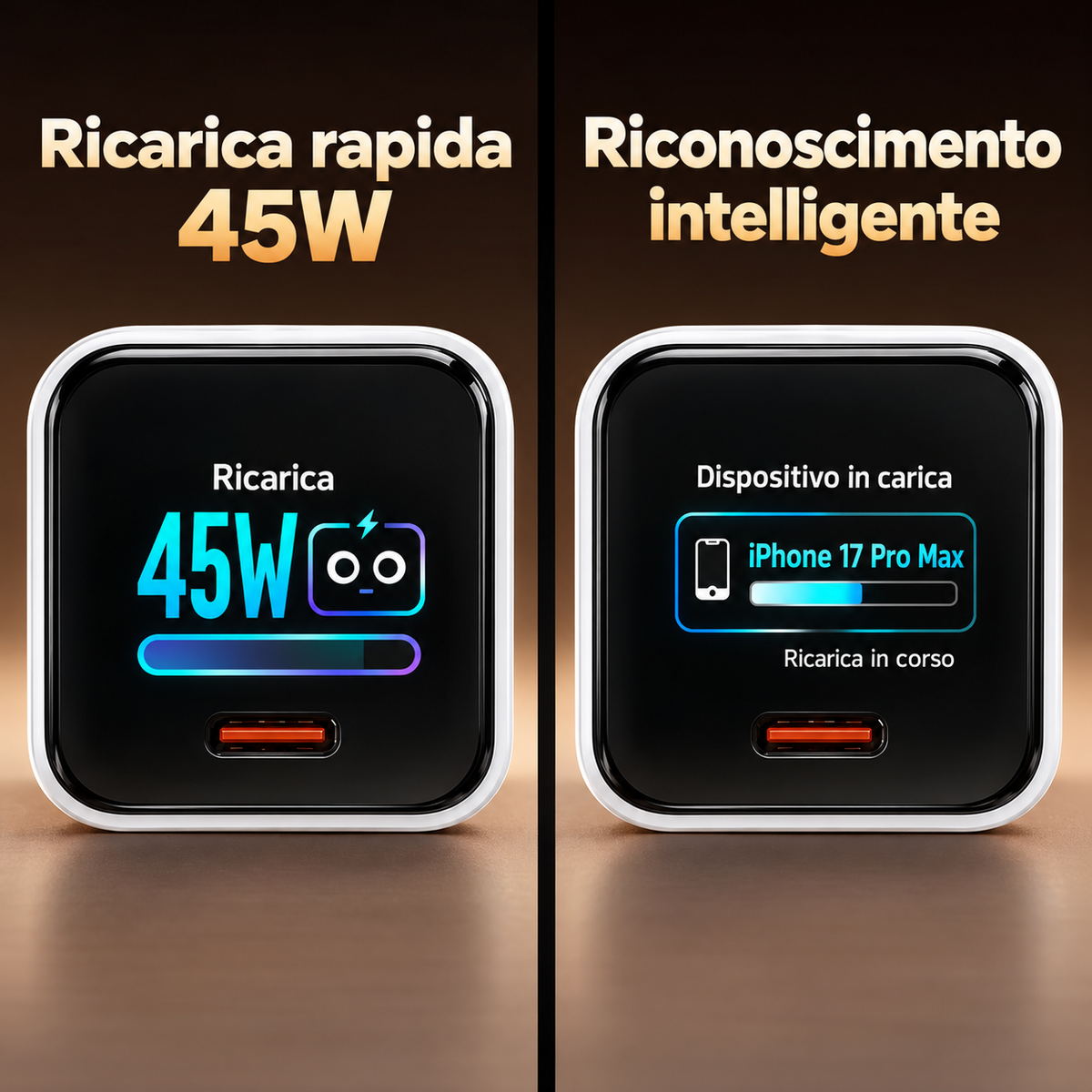 Set Caricatore Rapido GaN 45W con Cavo USB-C Incluso – Display TFT a Colori, Animazioni AI Intelligenti, Schermo Digitale per Monitoraggio Ricarica, Alimentatore da Parete con Spina EU per Smartphone e Tablet – AI-45W