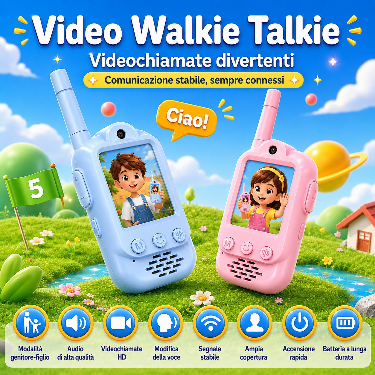 Walkie Talkie Video Smart per Bambini Connessione Wireless Doppia Videochiamata HD Schermo IPS Ricarica Type-C Batteria a Lunga Durata Audio HD-M008