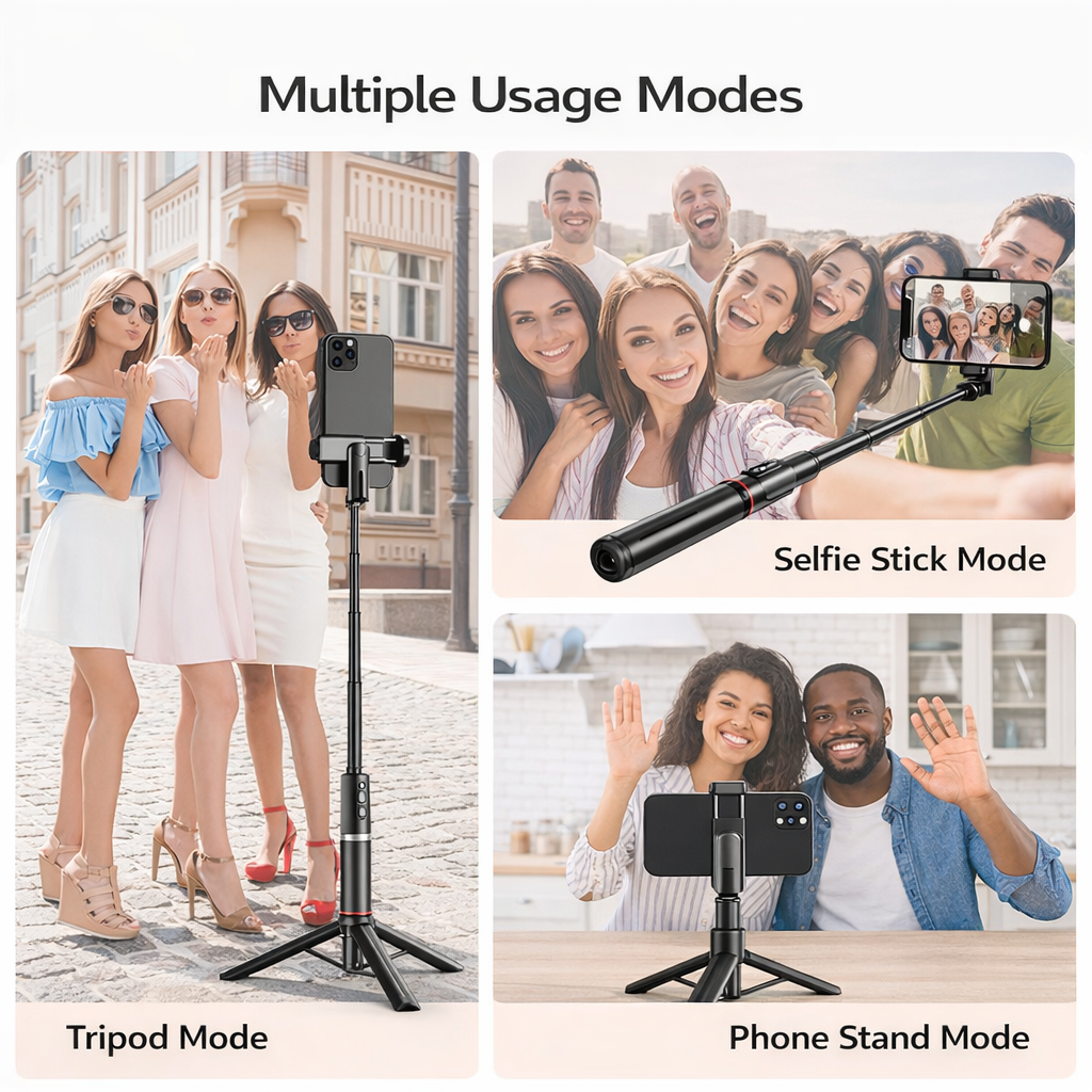 Selfie Stick Mini All-in-One Portatile per Smartphone con Treppiede Integrato, Luce di Riempimento e Telecomando Bluetooth - Q12S