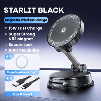 Supporto Magnetico Auto con Ricarica Wireless 15W – Rotazione 180°, Super Magneti N52, Fissaggio a Vuoto - A14
