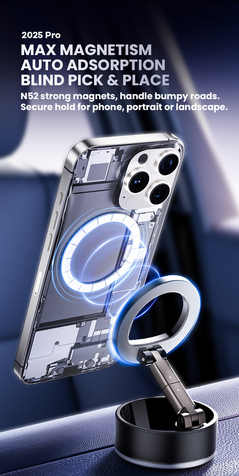 Supporto magnetico per smartphone da auto con ventosa ad alta tenuta, struttura compatta e pieghevole e stabilità elevata durante la guida - PRO7A