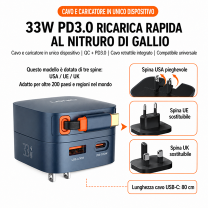 Caricatore GaN 65W PD 3.0 con Cavo USB-C Retrattile Integrato | USB-C + USB-A | Ricarica Rapida per Notebook, Smartphone e Tablet - Q10-65W
