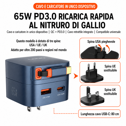 Caricatore GaN 65W PD 3.0 con Cavo USB-C Retrattile Integrato | USB-C + USB-A | Ricarica Rapida per Notebook, Smartphone e Tablet - Q10-65W