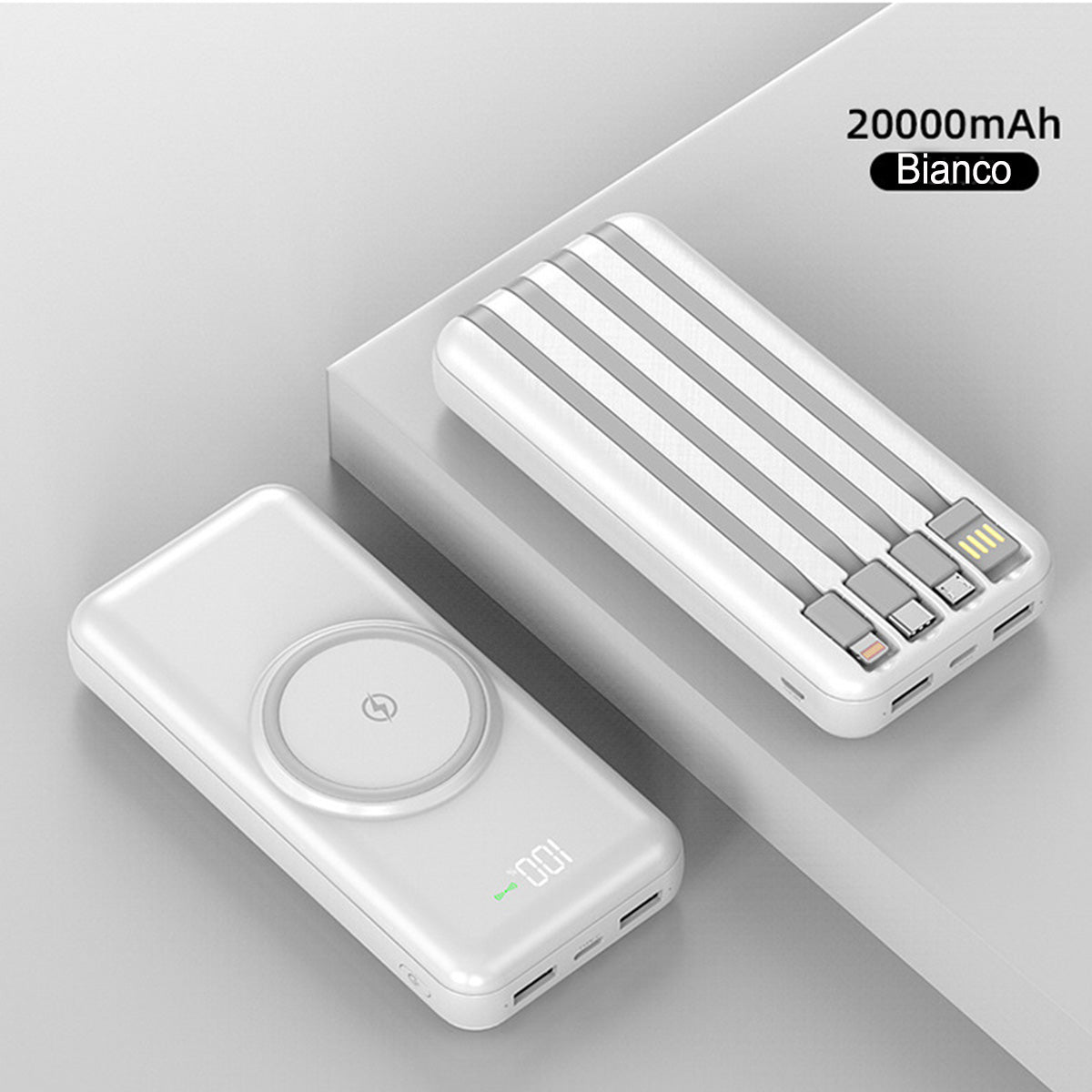 Power Bank Wireless 20.000 mAh con Display LED | Compatibile con Custodie Magnetiche | Caricatore 3-in-1 Lightning, Type-C e Micro USB - AS-50331