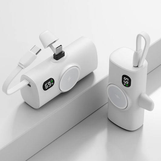 Power Bank Tascabile a Forma di Capsula | Wireless con Ricarica Magnetica | Compatibile con Smartwatch | Con Cavo Integrato | Porta Type-C | Design Ultra Compatto| 5000mAh - PT01
