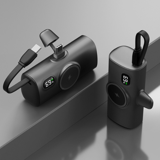 Power Bank Tascabile a Forma di Capsula | Wireless con Ricarica Magnetica | Compatibile con Smartwatch | Con Cavo Integrato | Porta Type-C | Design Ultra Compatto| 5000mAh - PT01