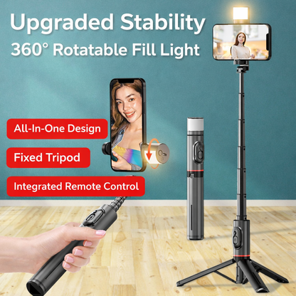 Selfie Stick Mini All-in-One Portatile per Smartphone con Treppiede Integrato, Luce di Riempimento e Telecomando Bluetooth - Q12S