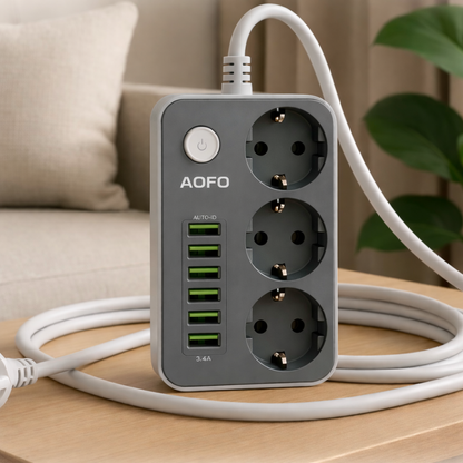 Multipresa 3 Prese + 6 USB con Interruttore – Cavo 3 m, Spina UE, Ricarica 3.4A - SE3631-3M
