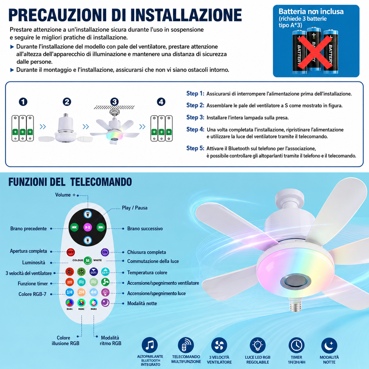 Ventilatore da Soffitto con Luce LED RGB e Altoparlante Bluetooth | Telecomando | 3 Velocità | Timer 1H/2H/4H | Luce Regolabile 3000K-6500K | Attacco E27