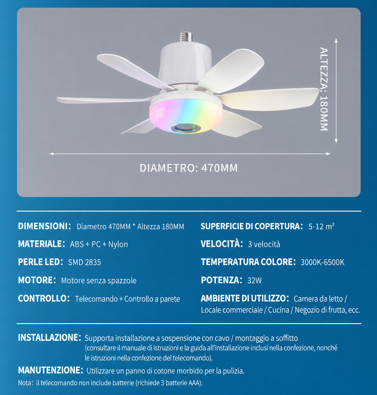 Ventilatore da Soffitto con Luce LED RGB e Altoparlante Bluetooth | Telecomando | 3 Velocità | Timer 1H/2H/4H | Luce Regolabile 3000K-6500K | Attacco E27