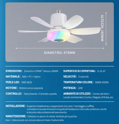 Ventilatore da Soffitto con Luce LED RGB e Altoparlante Bluetooth | Telecomando | 3 Velocità | Timer 1H/2H/4H | Luce Regolabile 3000K-6500K | Attacco E27