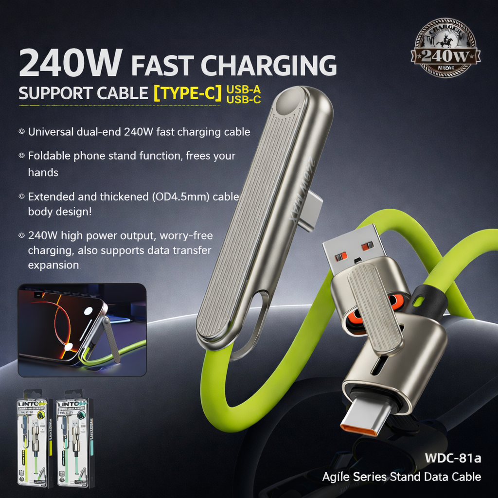 Cavo di ricarica rapida 240W 1.2M a doppia testa con supporto | USB + Type-C - WDC-81A