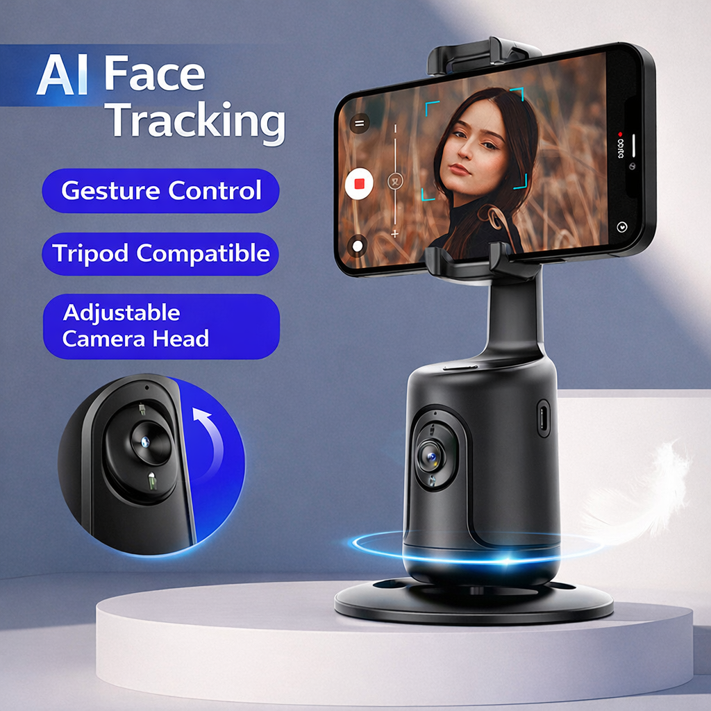 Supporto smartphone con gimbal AI e tracciamento facciale｜Auto tracking｜Controllo doppio: gesti + remoto｜Senza app｜Ideale per live e video - Q12