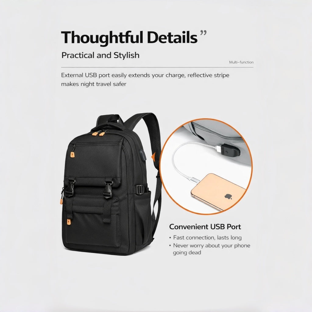 Zaino da Pendolarismo Multifunzione per Viaggi, Lavoro e Uso Quotidiano, con Ricarica USB, Inserti Riflettenti, Impermeabile e Scomparti Multipli - 2305-1