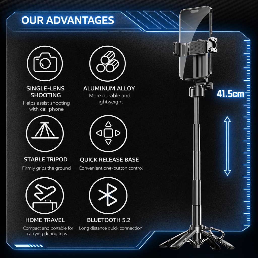 Mini Treppiede Selfie Stick Bluetooth Pieghevole｜Design leggero · Riprese multi-scenario · Telecomando wireless｜Leggero e pratico · Scatta in libertà｜Versione MagSafe disponibile – P15 MINI