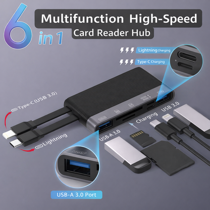 Hub 6 Porte 3-in-1 ad Alta Velocità con Lettore SD/TF + Doppia Ricarica – Compatibile con Smartphone e Computer - NK-1058