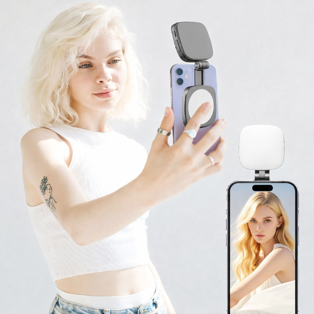Luce Selfie Magnetica Regolabile per Smartphone – con specchio - Rotazione 360°, Inclinazione 270° - Compatibile MagSafe - JQ-01