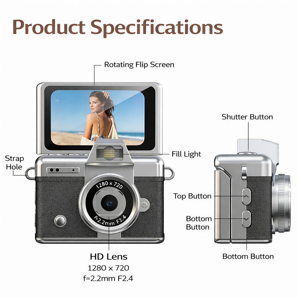 Mini Fotocamera Digitale portatile | Schermo Selfie Rotante 180° | Foto e Video HD 1280x720P | 32GB incluso- LK-027