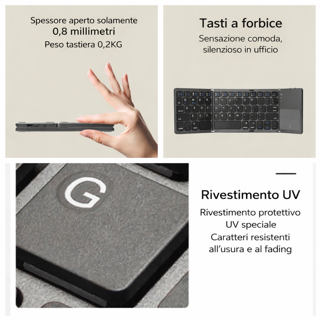 Tastiera Bluetooth Pieghevole a Tre Ante con Touchpad Integrato |compatibile con smartphone tablet e laptop - B033