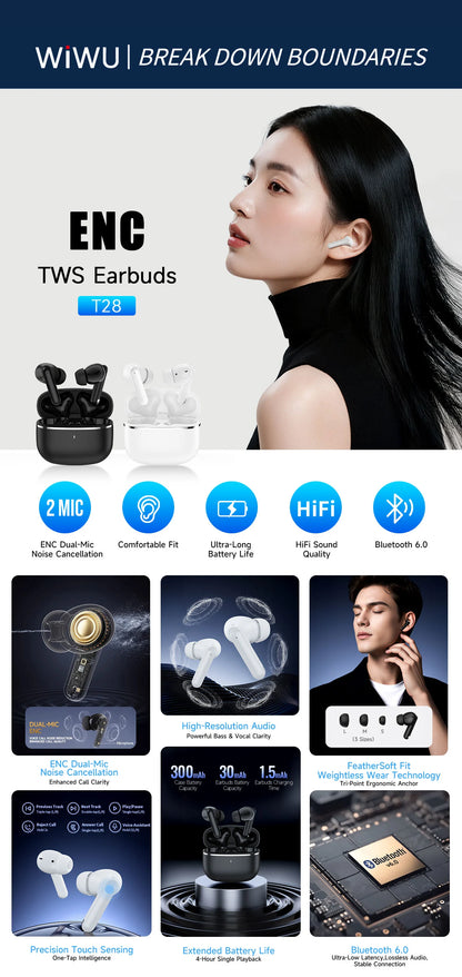 Auricolari con Cancellazione Rumore – Chiamate Chiare, Bassi Potenti, Zero Distrazioni - T28