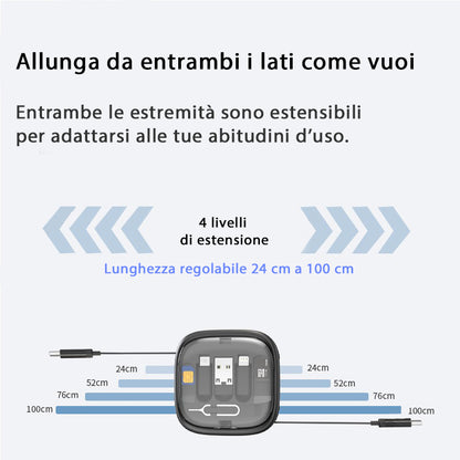 Cavo dati 6 in 1 retrattile multifunzione | Ricarica rapida 60W | Supporto per telefono integrato | Scatola organizer compatta - CV61