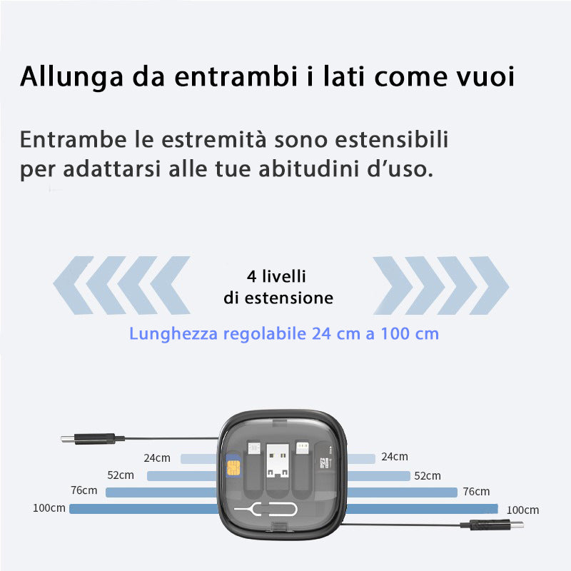 Cavo dati 6 in 1 retrattile multifunzione | Ricarica rapida 60W | Supporto per telefono integrato | Scatola organizer compatta - CV61