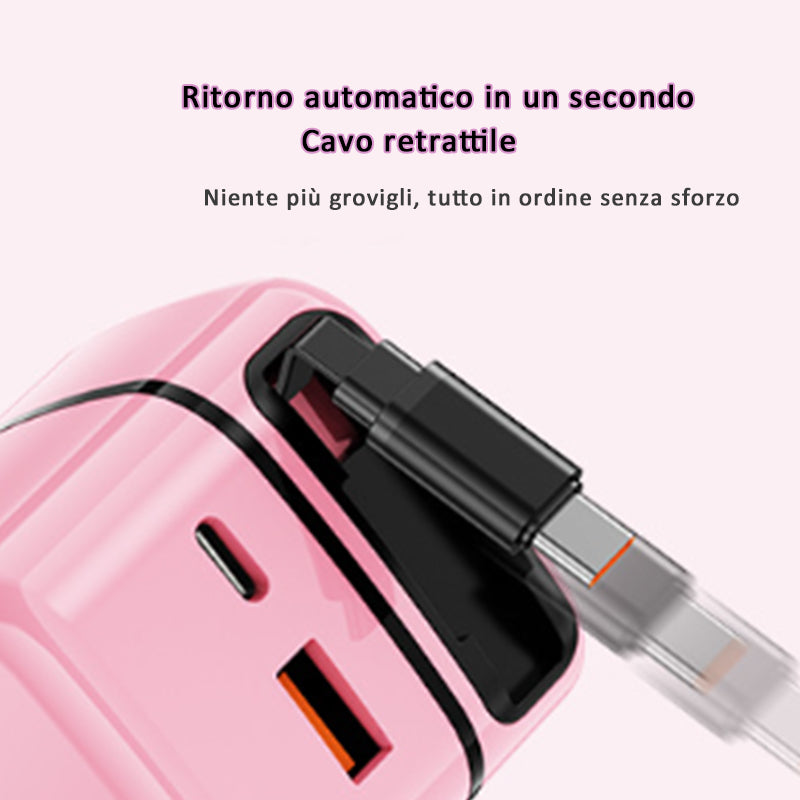 Caricatore GaN 35W Super Fast Charge – 4 Uscite con Doppio Cavo Retrattile Type-C + Lightning Integrato – Compatibile iPhone/Android/Notebook (CG01)