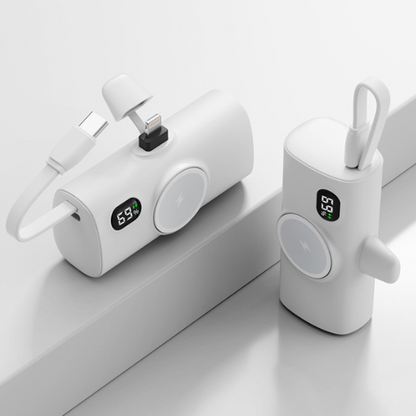Power Bank Tascabile a Forma di Capsula | Wireless con Ricarica Magnetica | Compatibile con Smartwatch | Con Cavo Integrato | Porta Type-C | Design Ultra Compatto - PT01
